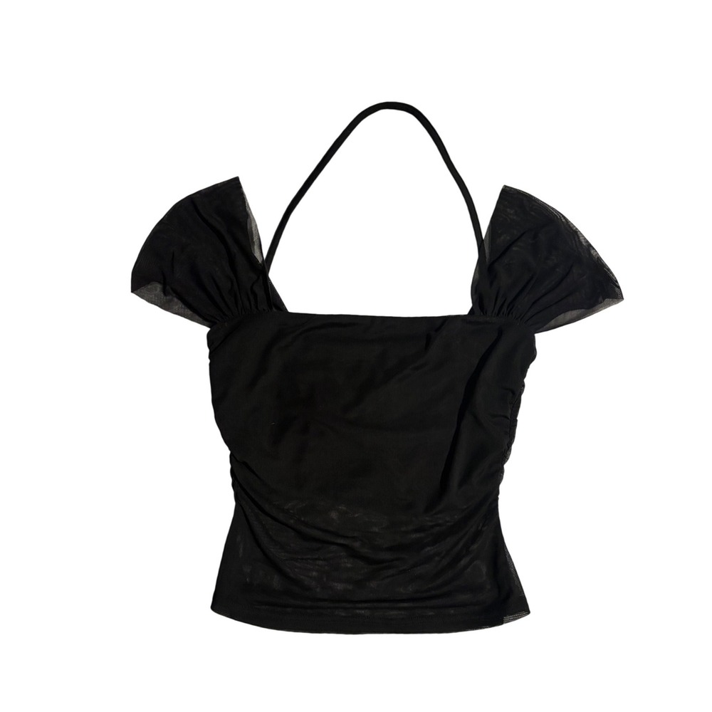 Tiger Mist Black Mesh Ruched Cap Sleeve Halter Square Neck Top Womens M Emo Goth - Picture 6 of 8